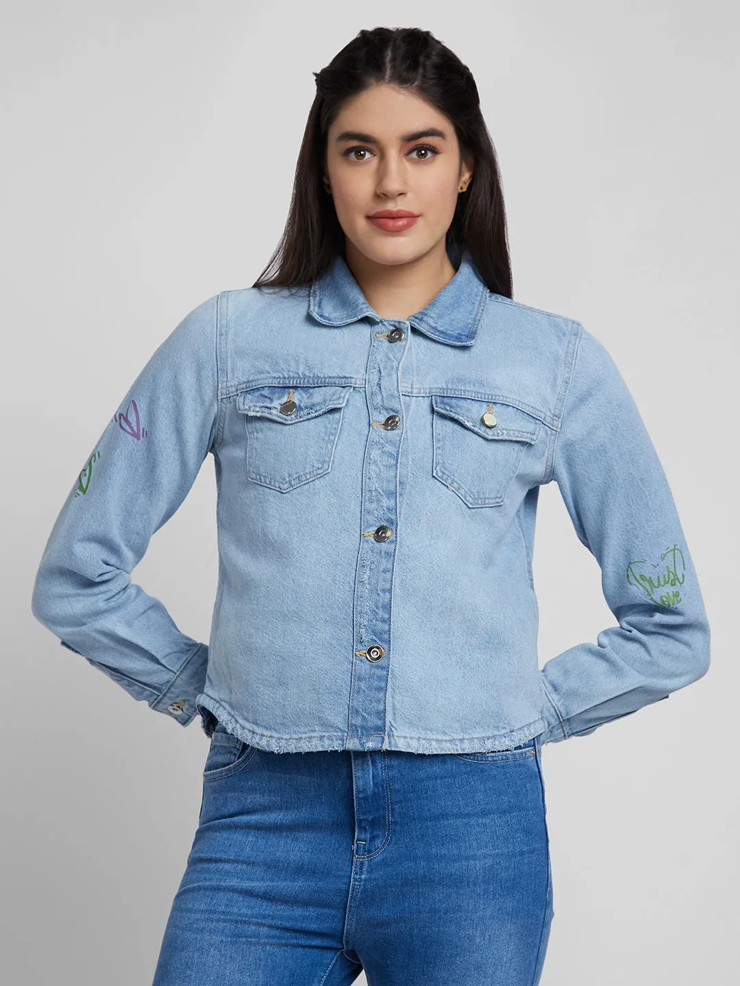 Spykar Women Light Blue Cotton Sim Fit Denim Jacket