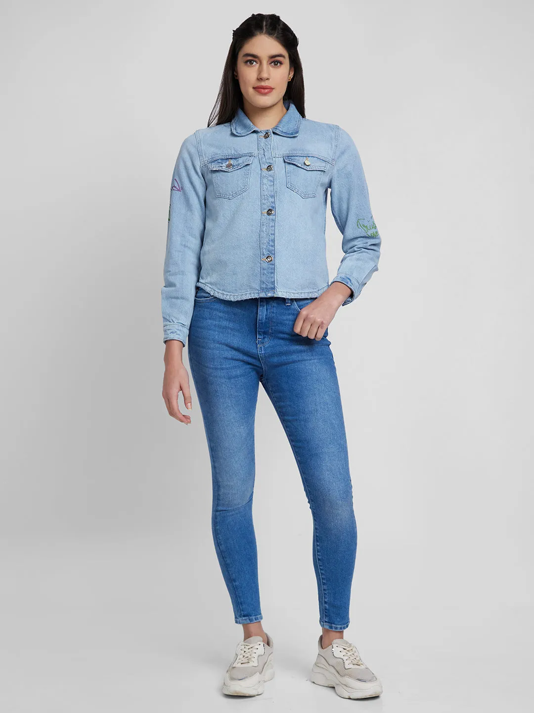 Spykar Women Light Blue Cotton Sim Fit Denim Jacket