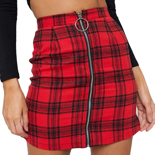 VenusFox Sexy Plaid Zipper Slim High Waist Above Knee Mini Skirt