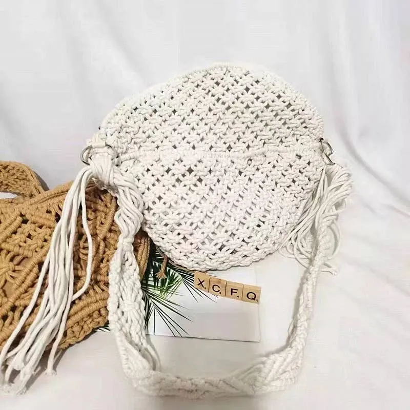 Vintage Cotton Straw Crochet Knitted Crossbody Purse Bag