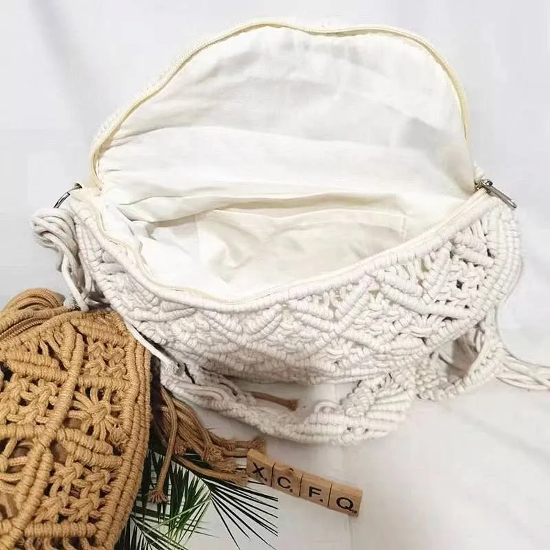 Vintage Cotton Straw Crochet Knitted Crossbody Purse Bag