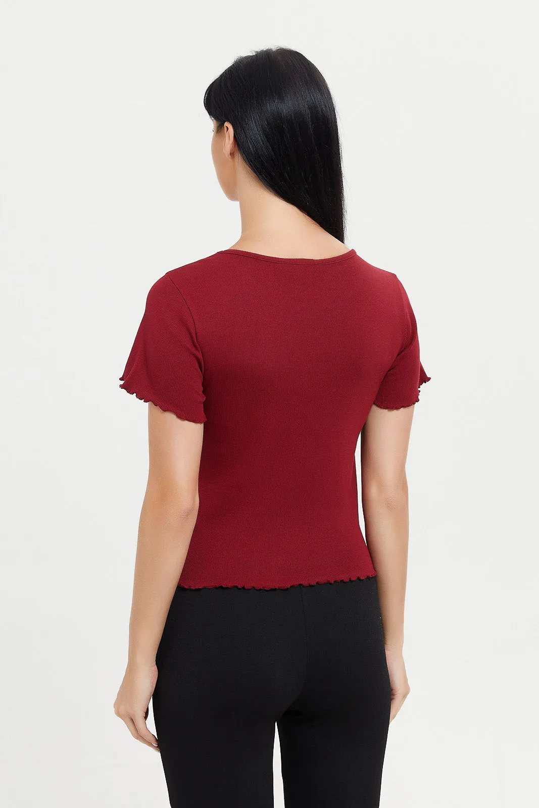 Women Burgundy Printed Ribbed T-Shirt