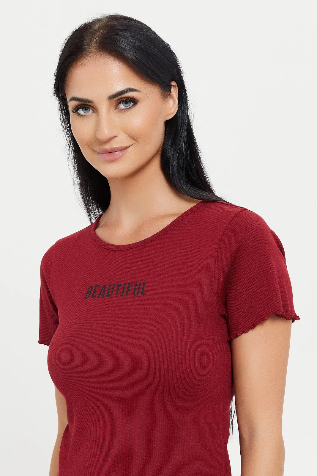 Women Burgundy Printed Ribbed T-Shirt