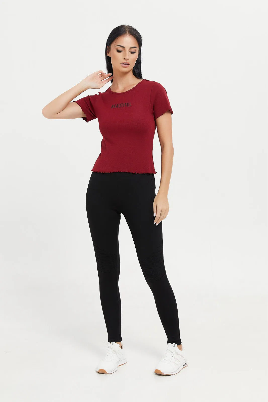 Women Burgundy Printed Ribbed T-Shirt