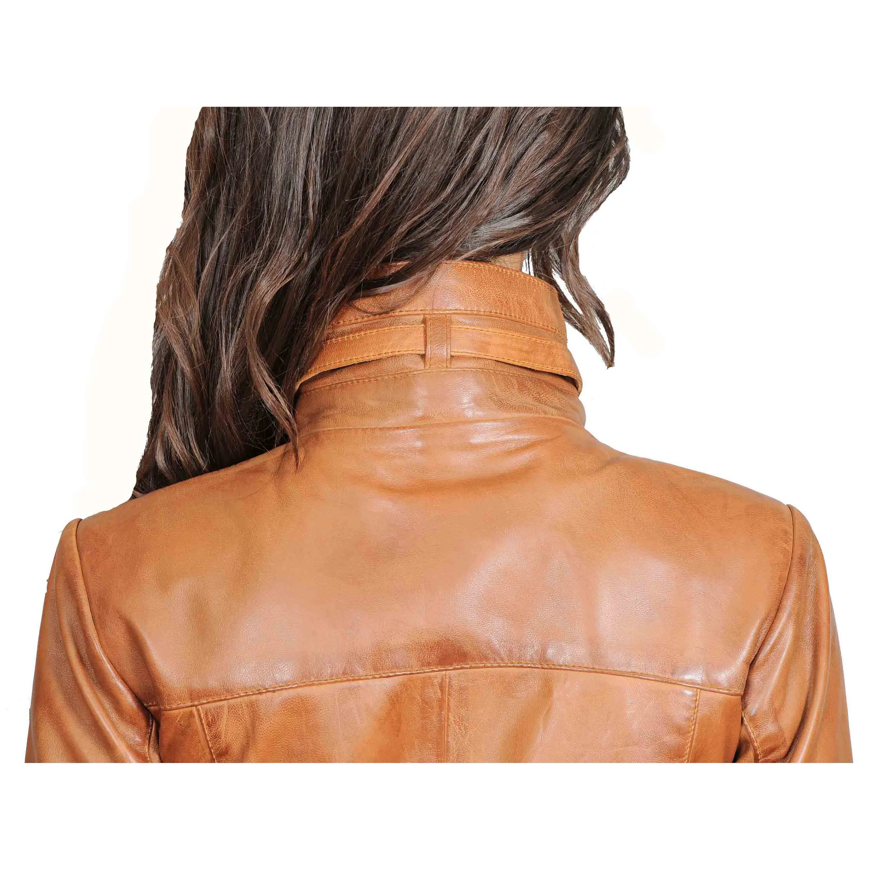 Womens 3/4 Long Zip Fasten Leather Jacket Carol Tan