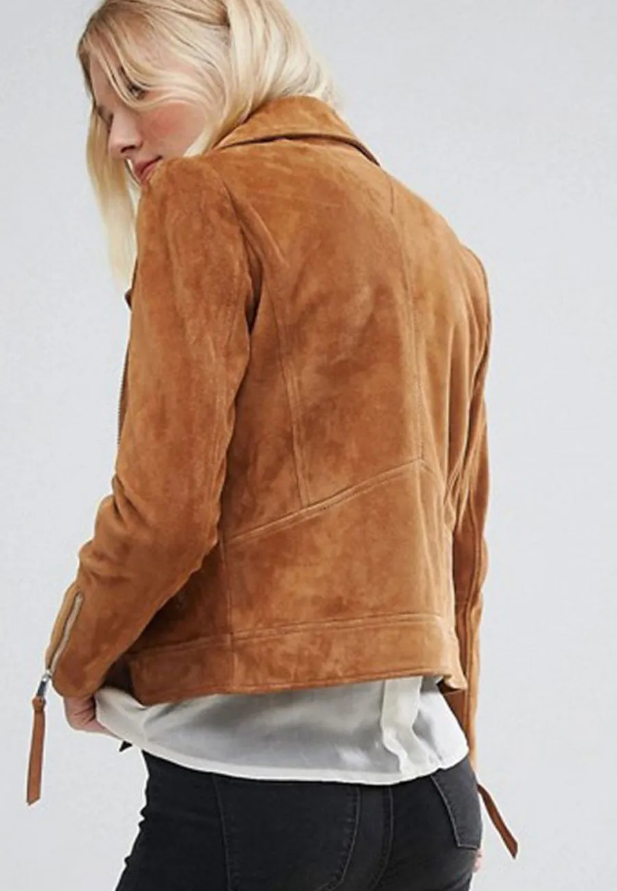 Women’s Tan Brown Genuine Suede Leather Biker Jacket