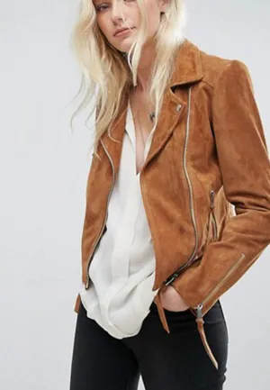 Women’s Tan Brown Genuine Suede Leather Biker Jacket